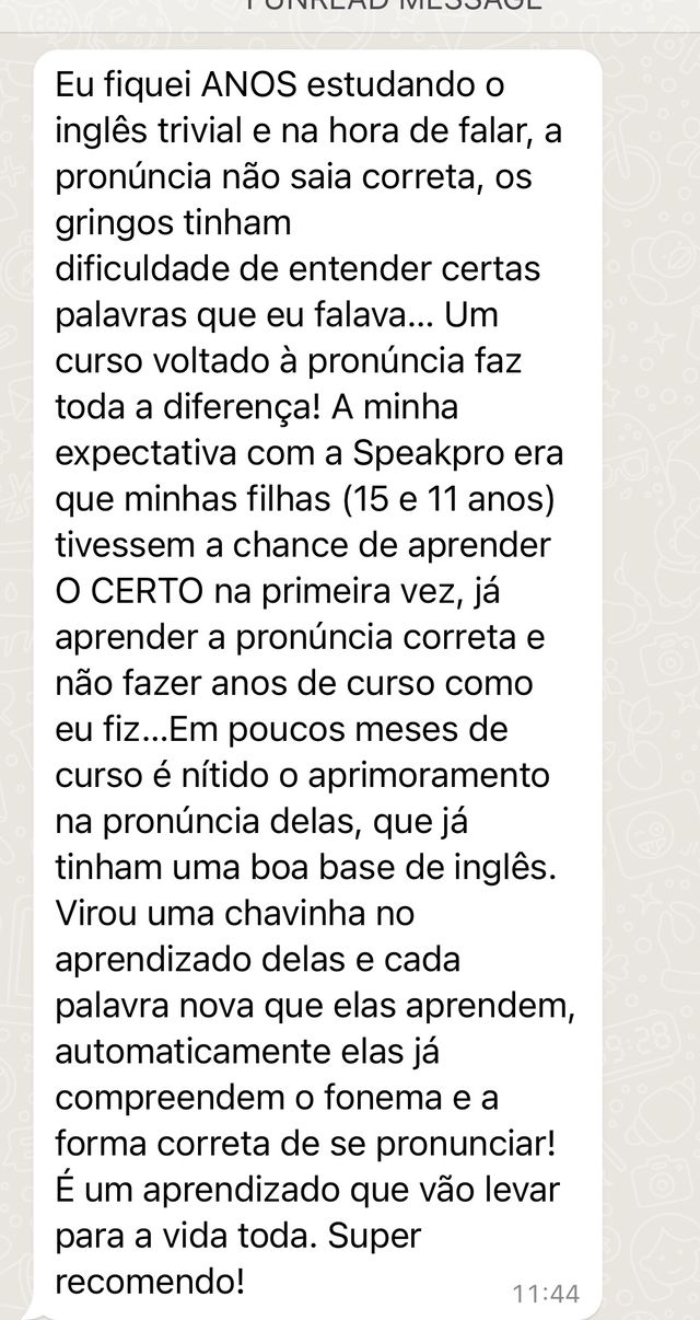 Mensagem de um aluno da SpeakPro contando a evolução no inglês falado