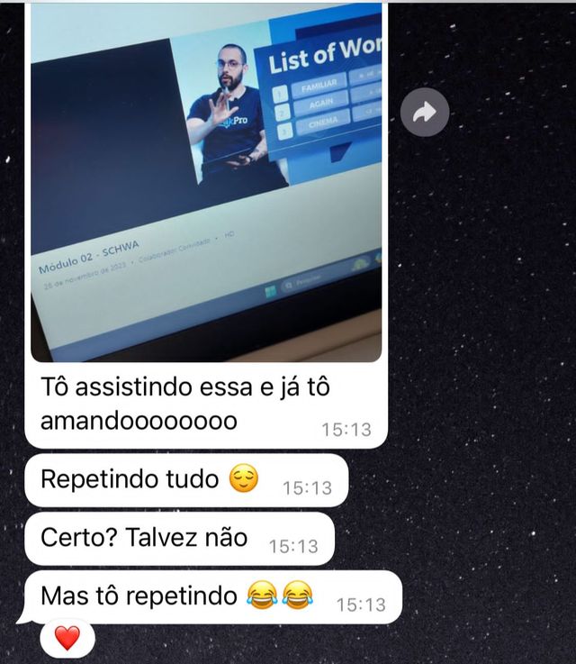 Mensagem de um aluno da SpeakPro contando a evolução no inglês falado